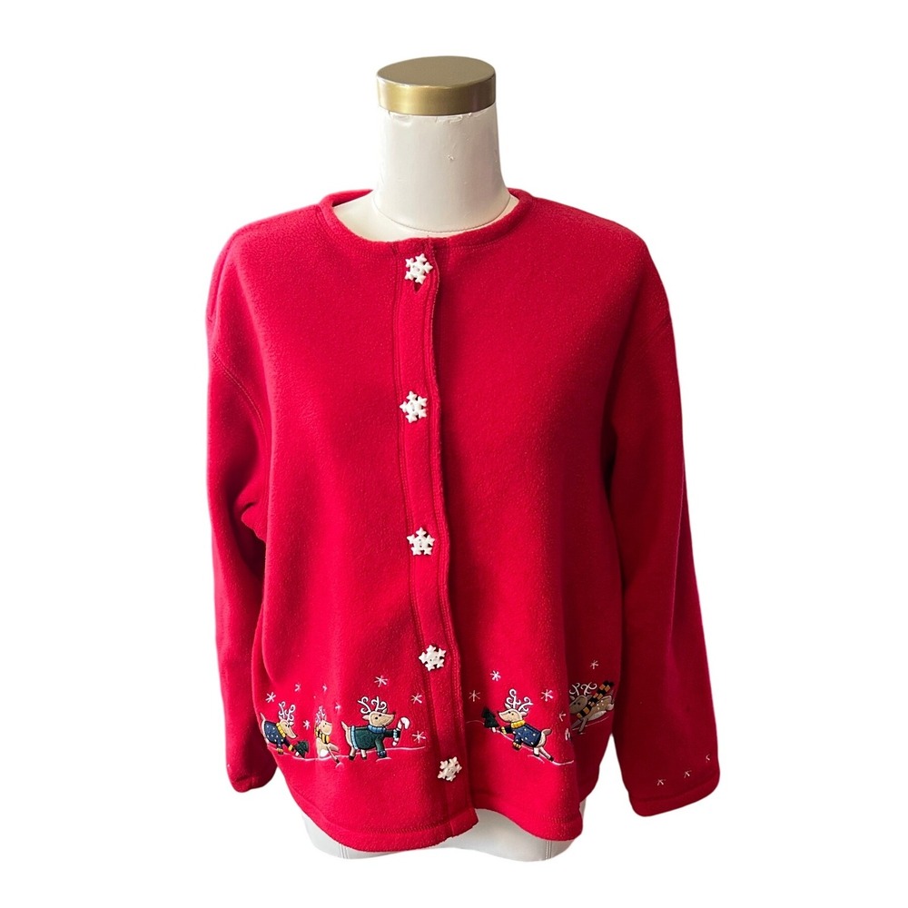 C&B Sport Petite Fleece Christmas Cardigan‎ Embroidered Reindeer Snowflake